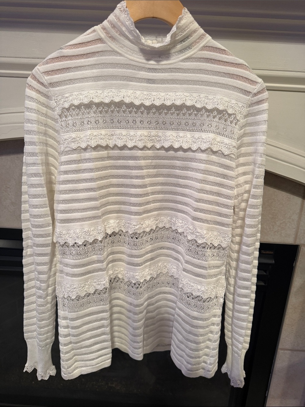 White House Black Market Ivory Sheer Lace-Trim Mock Neck Light Sweater